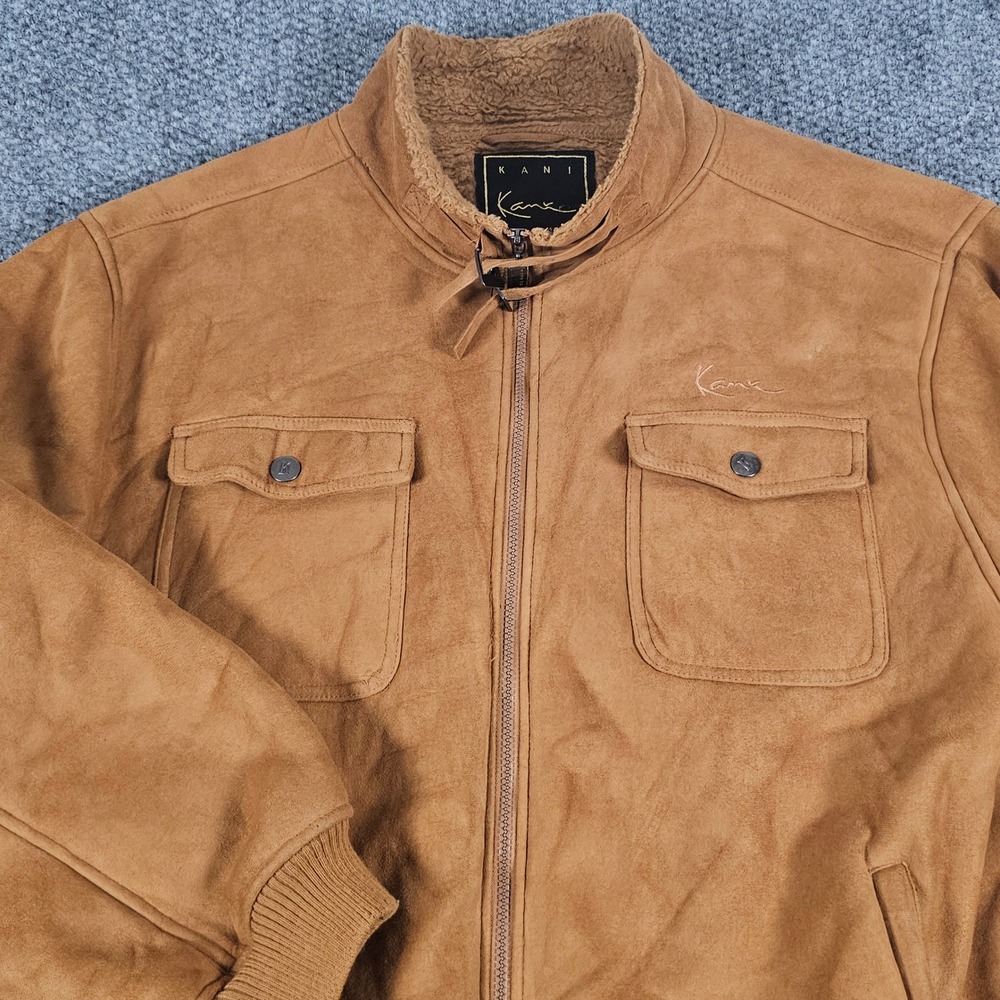 Y2K Karl Kani Gold‎ Mens XL Faux Suede Sherpa Lined Bomber Jacket Full Zip Baggy